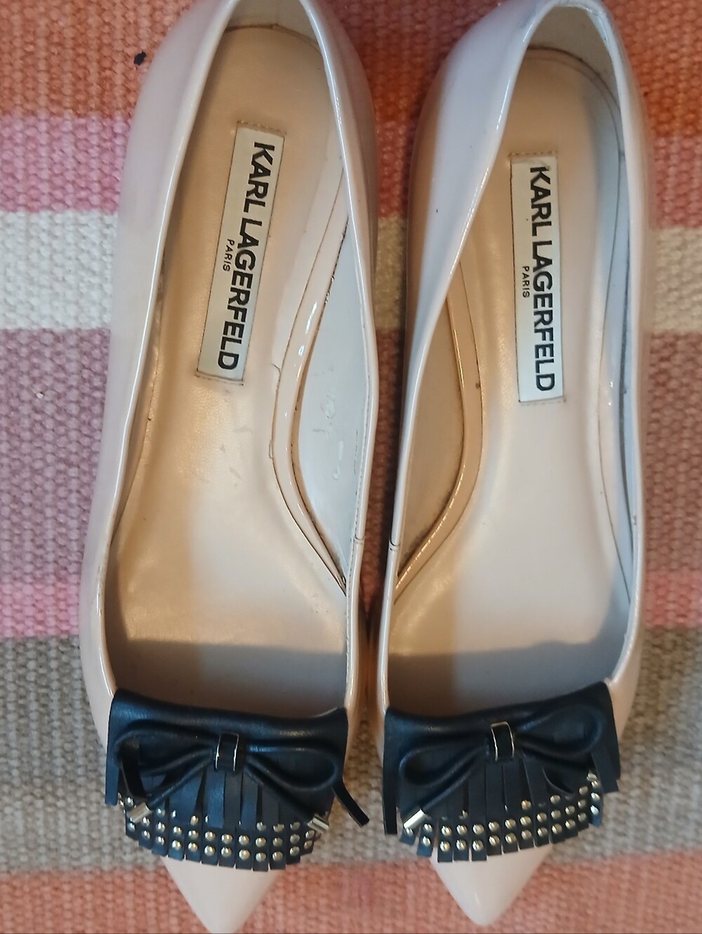 Karl Lagerfeld Pointed-Toe Flats with Black Bow & Stud Detail